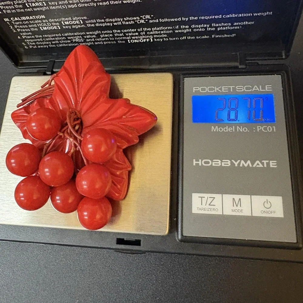 1930s - 40s Cherry Red Bakelite Brooch Carved Leaf Dangling Cherries Huge!